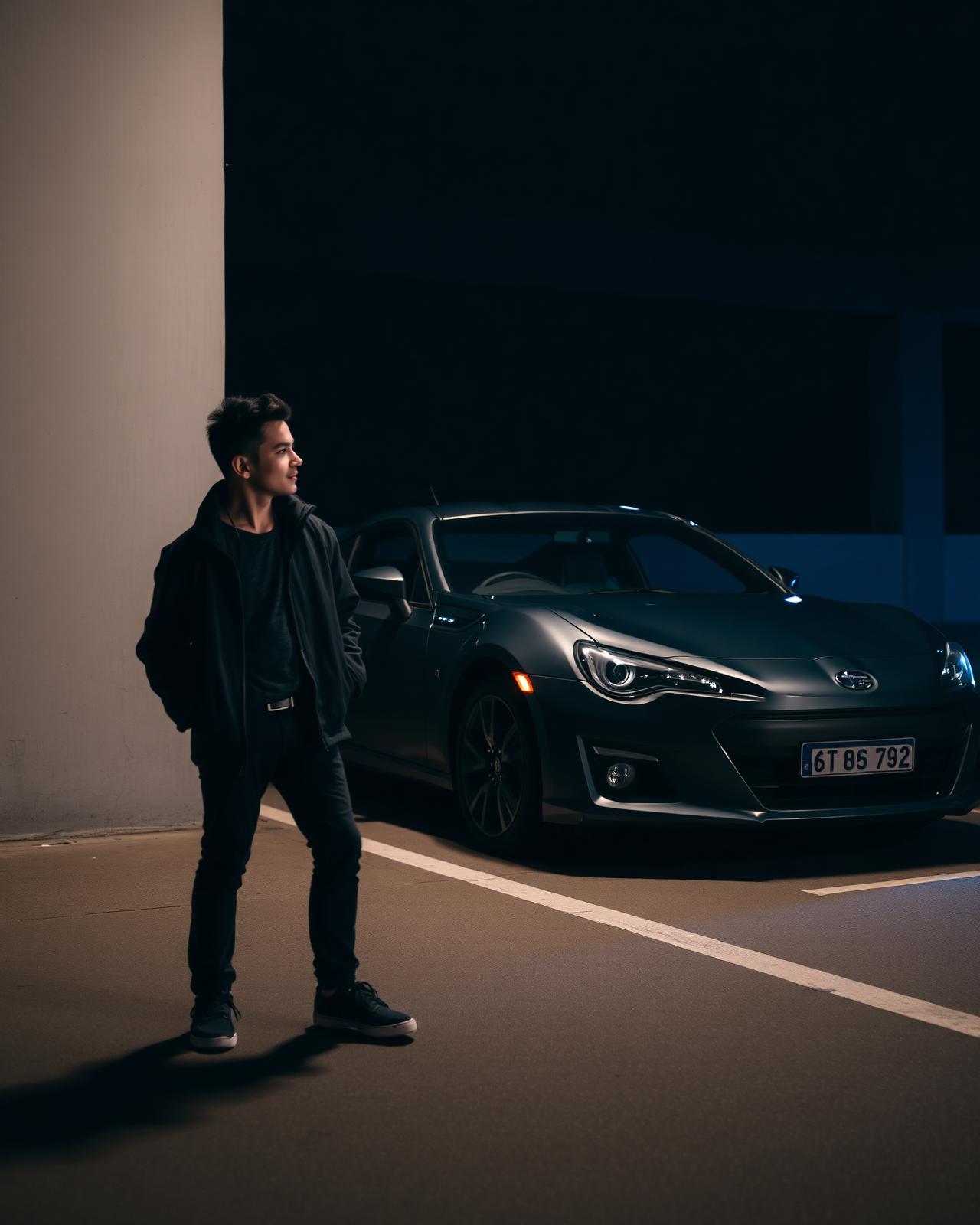 Consultant inspecting a car in a dark showroom